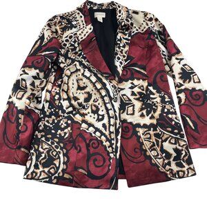 Chicos Women's Blazer Jacket Size 0 Small Burgandy Black Multicolor Paisely